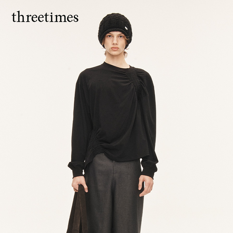 threetimes2025新款男女早秋美式慵懒风长袖t恤不规则设计感上衣 - 图2