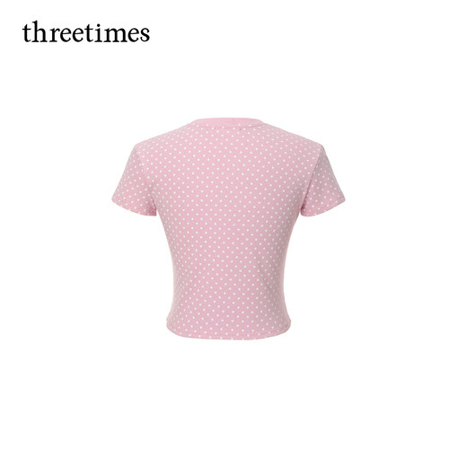 threetimes2026韩版粉色波点短袖T恤女甜辣修身显瘦露脐短上衣夏 - 图1