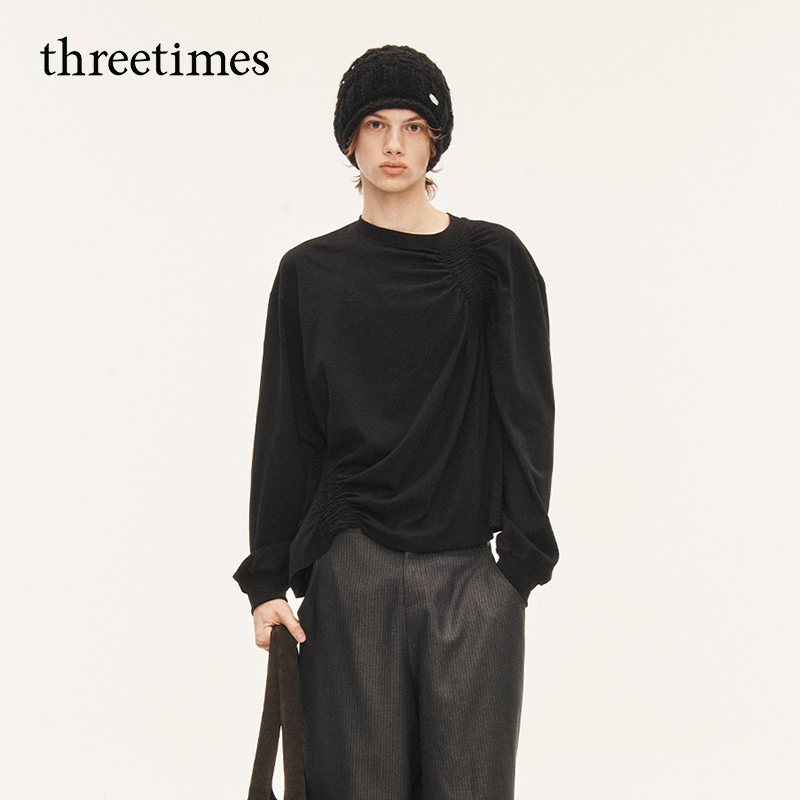 threetimes2025新款男女早秋美式慵懒风长袖t恤不规则设计感上衣 - 图1