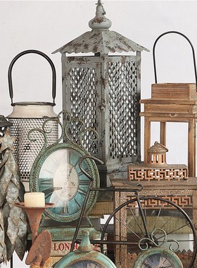 孤品-美式复古实木铁艺风灯烛台摆件民宿庭院装饰样板间桌面摆设