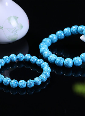 天然原矿绿松石手链高瓷蓝色网花铁线老形桶珠单圈圆珠手串配珠