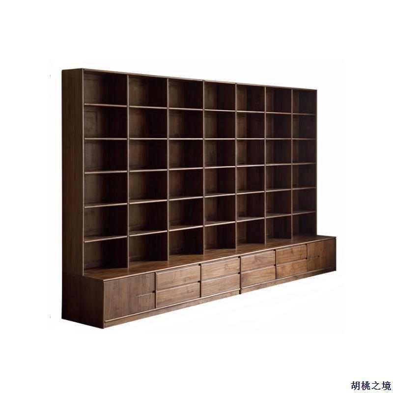 北欧实木黑胡桃木书柜满墙落地带卡座书架组合现代简约格子置物架 - 图3