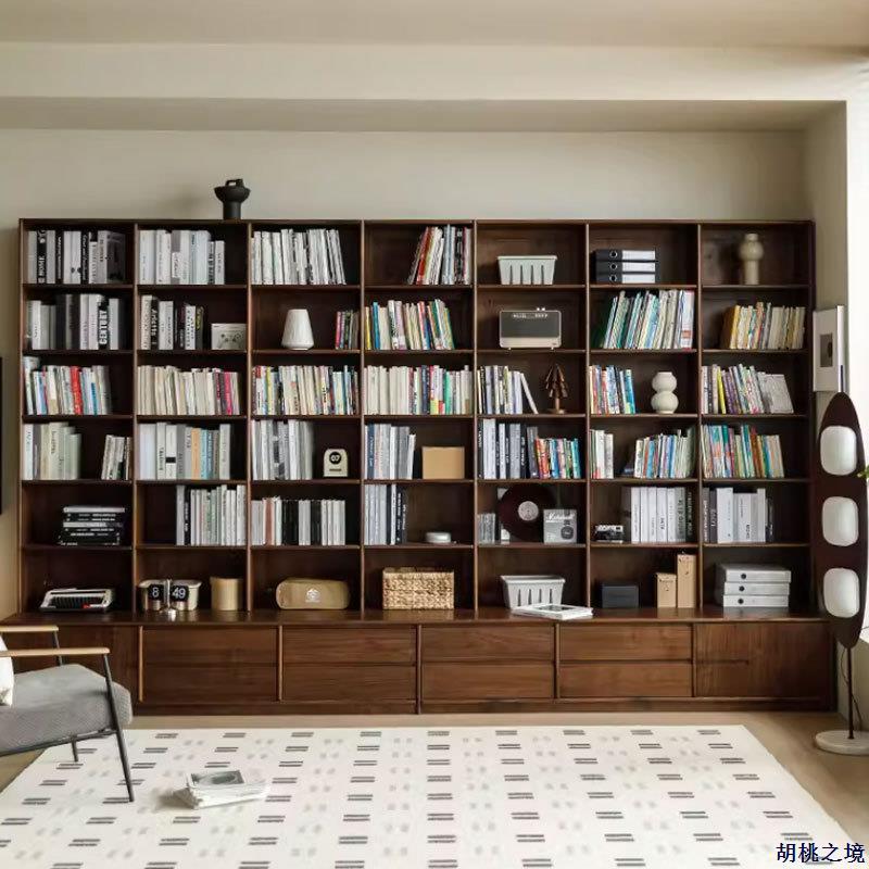 北欧实木黑胡桃木书柜满墙落地带卡座书架组合现代简约格子置物架 - 图0