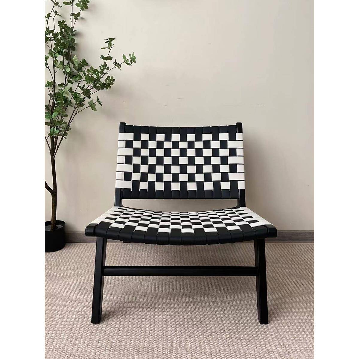 设计师款马鞍皮单人实木休闲靠背躺椅懒人沙发小户型客厅阳台家用 - 图0