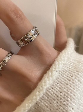 千亿少女#银色素圈锆石开口戒指女冷淡风气质情侣指环个性食指戒