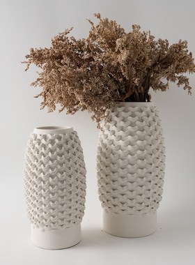 现代简约新中式3D打印陶瓷灰白色麻点花瓶摆件家居样板间干花花器