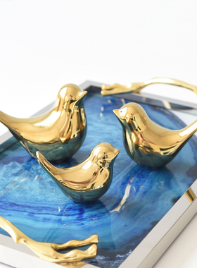 现轻奢简约客厅玄关书架陶瓷金色小鸟软装饰品创意摆件