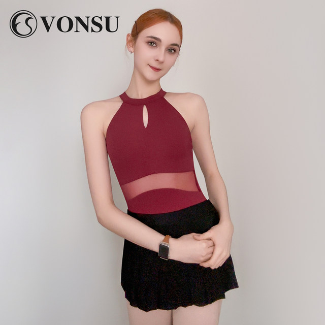 Fanshu burgundy halter neck mesh ballet high elastic training suit