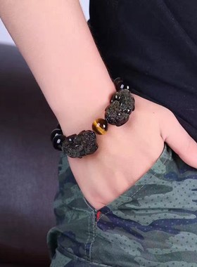 天然金曜石貔貅手链 金曜石双貔貅手串 3钱金曜石貔貅手链