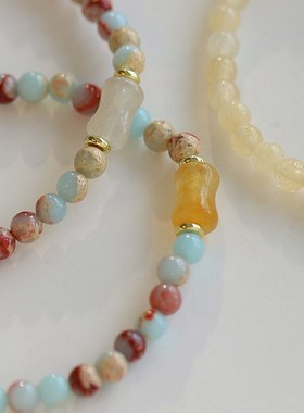 新中式彩色串珠手链女气质甜美复古寿山石手串手工编织叠戴手饰品