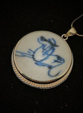 古董明清青花老瓷片吊坠首饰旗袍项链复古中国风个性镶嵌纯银手工