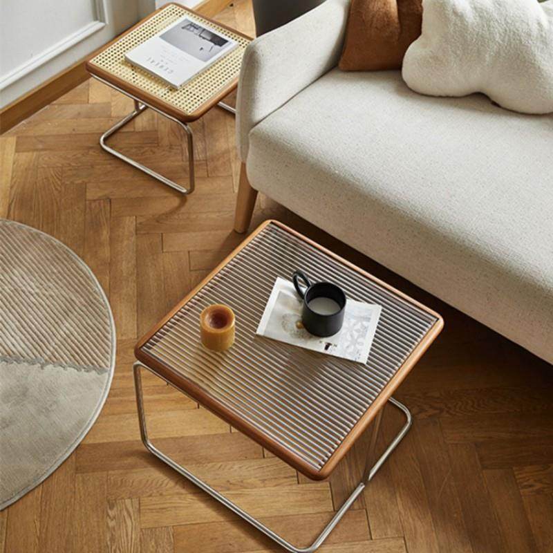 家用小户型玻璃边几客厅不锈钢子母方桌组合复古网红藤编中古茶几,淘宝优惠券,粉丝福利购,淘宝优惠卷