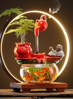 创意现简约小型玻璃鱼缸水循环流水摆件家居客厅桌面微景观装饰