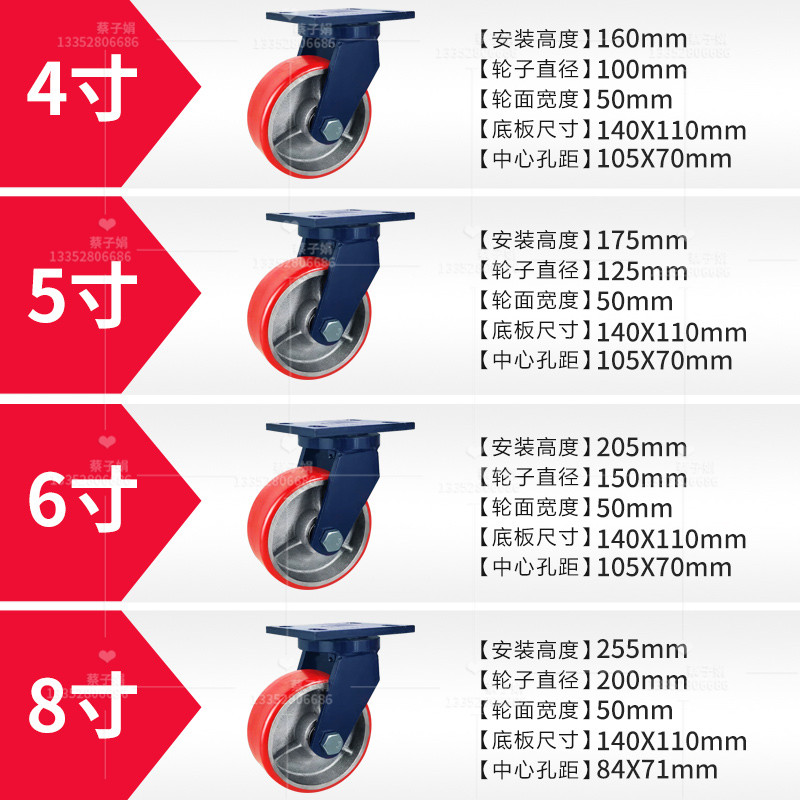 超重型蓝支架PU轮寸5寸6寸寸单个载重吨 吨 5吨万向刹车工业 - 图2