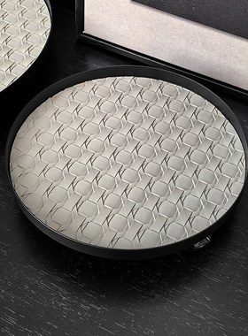 态生活轻奢风藤编皮质圆形香薰托盘玄关钥匙收纳盘首饰盘装饰摆盘