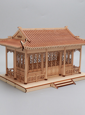 现新中式创意家居客厅玄关古建筑木制装软装饰品雕塑台摆件