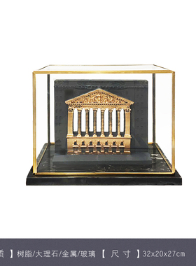 式建筑摆件复古软装饰品客厅书房酒店会所玻璃框大理石