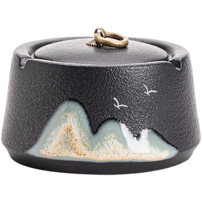 【黑陶远山】创意陶瓷烟灰缸家用客厅茶桌日式防风带盖防飞灰,淘宝优惠券,粉丝福利购,淘宝优惠卷