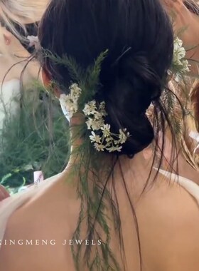 新娘头饰森系花朵对夹韩式青草造型文竹结婚婚纱礼服超仙大气发饰