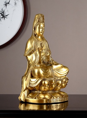 纯铜手工坐莲观音供奉摆件