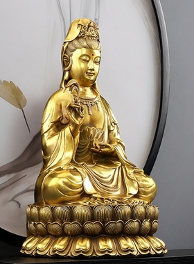 手工黄铜坐莲观音佛像保平安