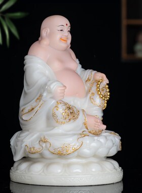 汉白玉镶金弥勒大肚开心笑佛招财弥勒家用佛堂摆件