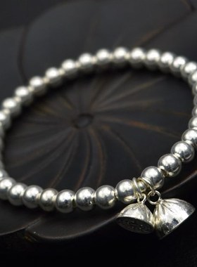 正品定制99纯银珠求子转运大小双莲蓬铃铛情侣宝宝手链脚链女饰品