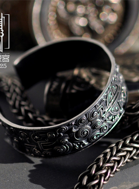 蒙古寿纹银手镯男纯银复古个性纯银手镯男士手环霸气情侣银手镯