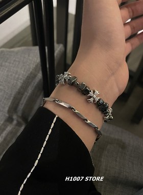 碎银拼接十字花串珠松紧绳男生手链女小众设计高级感手串情侣款配