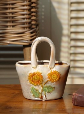 向日葵花款双耳手提花篮花盆陶瓷创意个性可爱小清新田园风摆件