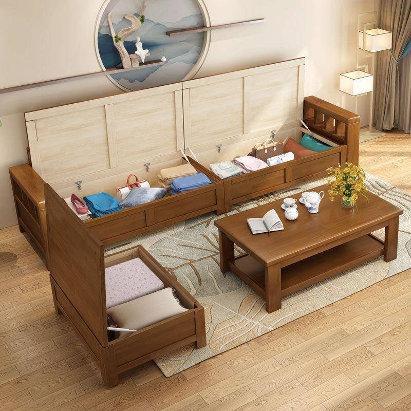 中式实木布艺沙发组合现代简约冬夏两用储物款家用客厅全实木沙发 - 图2