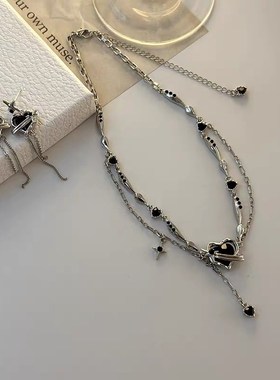 甜美黑锆石爱心耳钉女小众设计高级感耳环2024年新款潮耳饰锁骨链