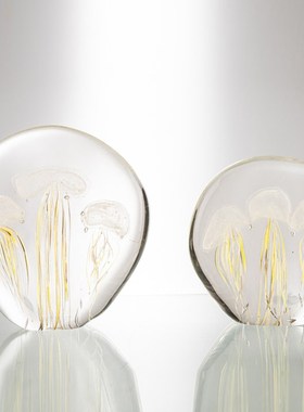 轻奢圆形水母海洋主题水晶玻璃桌面装饰品摆件客厅书柜摆设工艺品