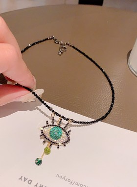 黑色水晶流苏颈链项链女高级感时尚锁骨链法式小众设计感时尚饰品