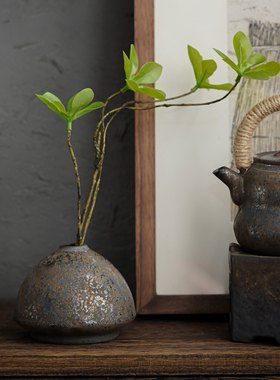 日式小花瓶简约插干花假花茶台装瓷摆件粗陶饰复古花器插花瓶