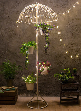 铁艺家居阳台花店橱窗雨伞花架装饰摆件创意落地户外带灯花架