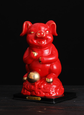 红色陶瓷描金十二生肖摆件全套简约客厅桌面摆放装饰