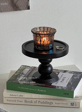 黑色复古木质香薰托盘摆件ins风玄关收纳盘置物盘圆形高脚展示盘