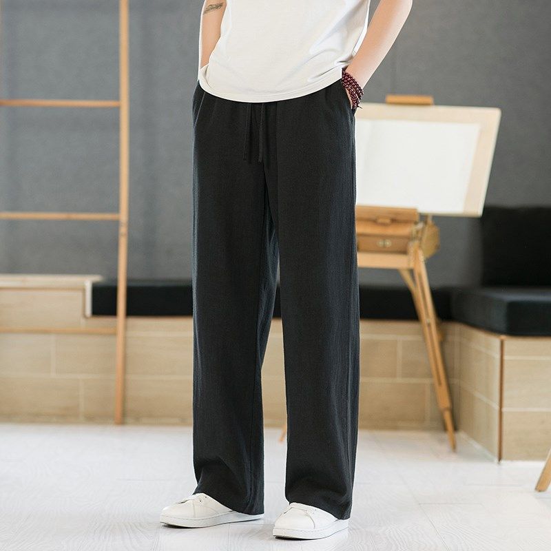 国潮棉麻透气直筒裤男士宽松大码阔腿哈伦裤苎麻百搭拖地休闲长裤,淘宝优惠券,粉丝福利购,淘宝优惠卷