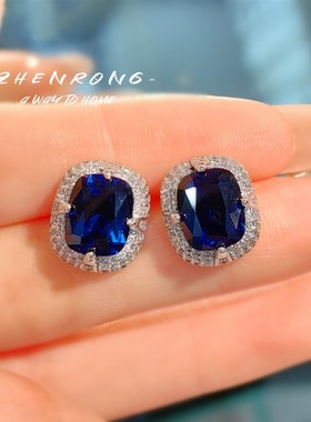 复古蓝尖晶吊坠轻奢高碳钻耳钉锆石项链高级感镶钻戒指彩宝套装女