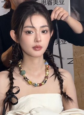 康康造型新娘耳环项链复古彩色陶瓷拼接颈链锁骨链礼服晨袍配饰品