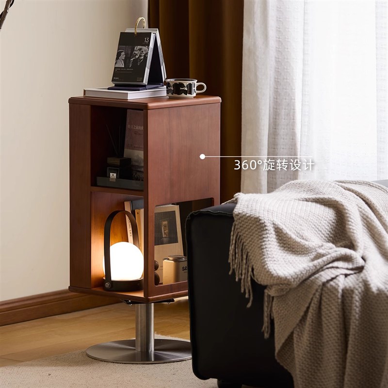 复古可旋转边柜白蜡木储物收纳柜卧室实木中古旋转书架沙发侧边柜 - 图2