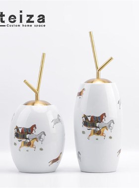Oteiza新中式创意陶瓷金属罐子摆件样板间隔断层客厅玄关处装饰品
