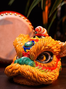 【本尼家】小号-国潮醒狮摆件舞狮头非遗手工陶瓷开业大吉礼物