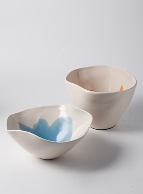 复古陶瓷手绘格子圆点线条花瓶摆件现简约客厅果盘花盆装饰