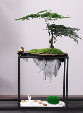 新中式客厅绿植盆栽摆件桌面文竹植物盆景假山装饰摆设