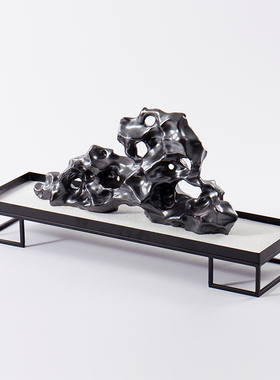 新中式黑色陶瓷太湖石假山客厅书房茶艺室茶柜博古架玄关装饰摆件