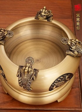 黄铜四方来财聚宝盆礼台摆件金蟾家居客厅店铺前装饰品开四方