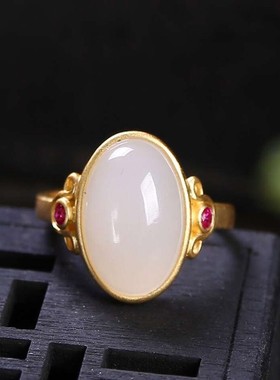 和田白玉戒指925银镶嵌蛋面女玉石戒指环活口送女友