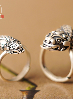 s999足银纯银貔貅戒指男女情侣招财转运对戒食指中指可调节指环